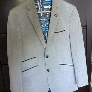 AU NOIR CLASSIC TWO BUTTON LEATHER DETAILED LIGHT GREY BLAZER SIZE SMALL